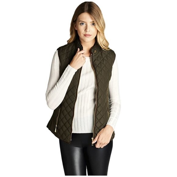 Active USA Quilted Padding Vest with Suede Piping Olive Shearling - Picture 1 of 10